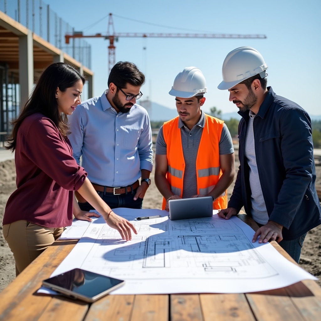 Construction professionals reviewing modular building plans and discussing project implementation