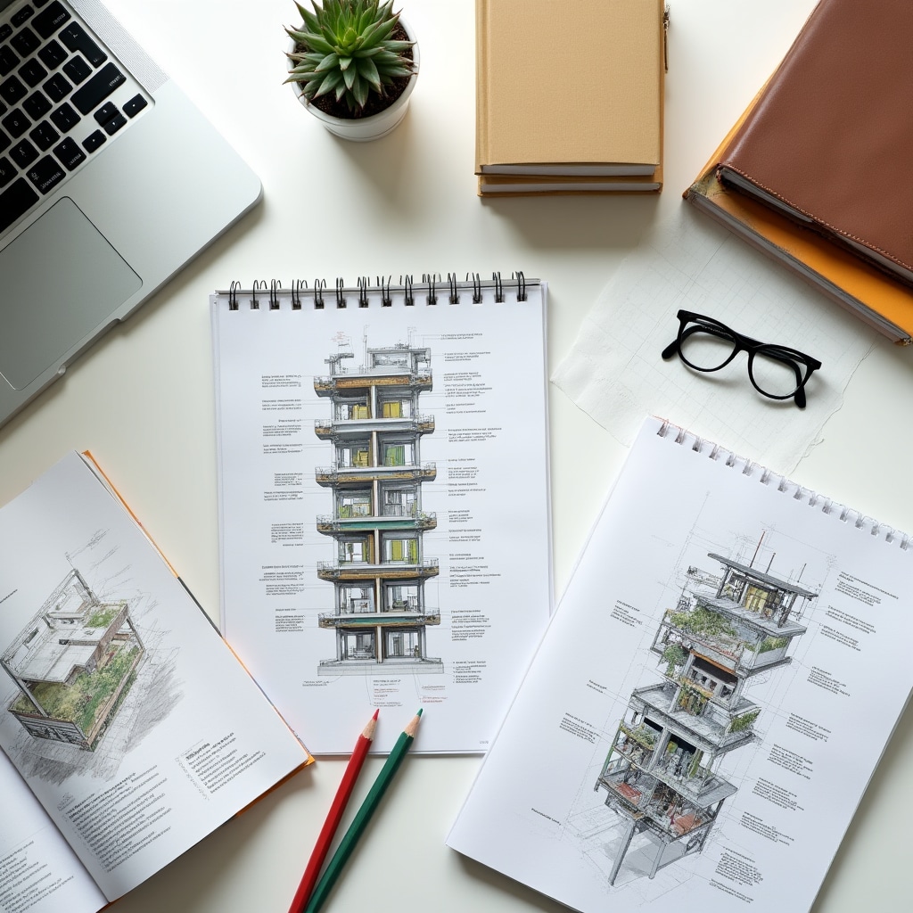 Educational workspace with open construction manuals, technical drawings, and digital tablet displaying modular building information