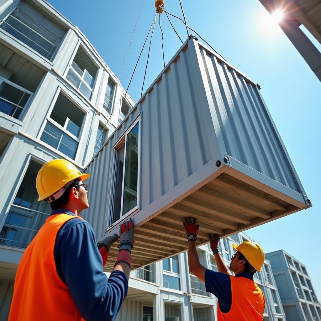 Workers assembling prefabricated modular building components on construction site with crane