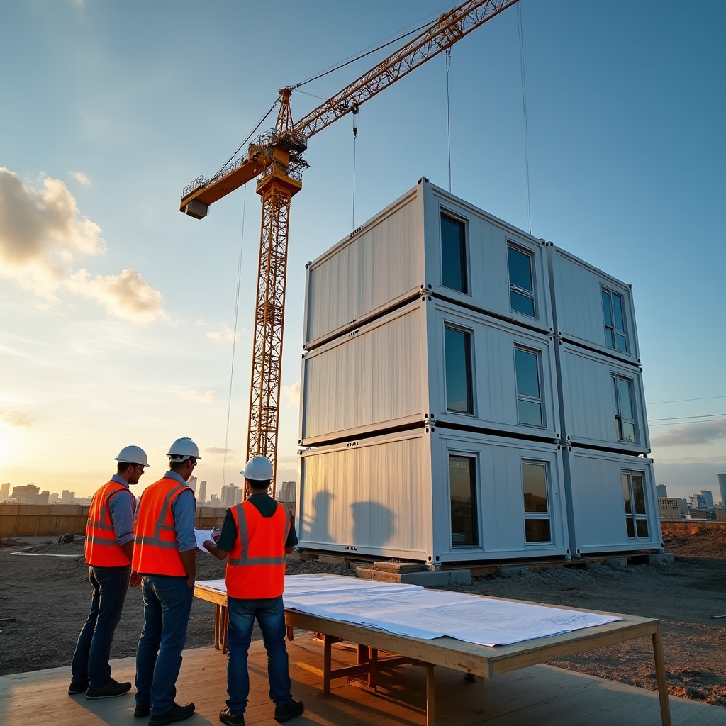Modern modular construction site showing prefabricated building modules being assembled
