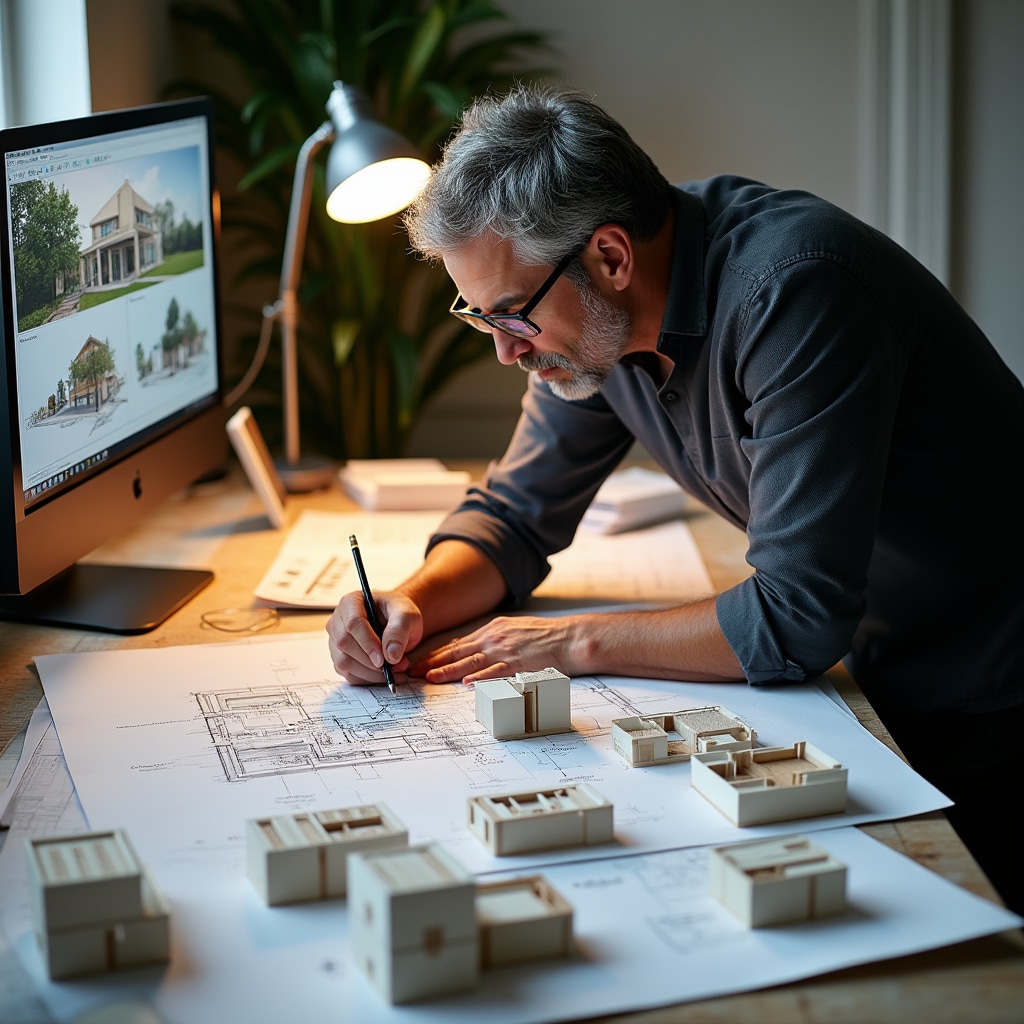 Architectural drawings and 3D models showing modular building design concepts and component layouts on workspace