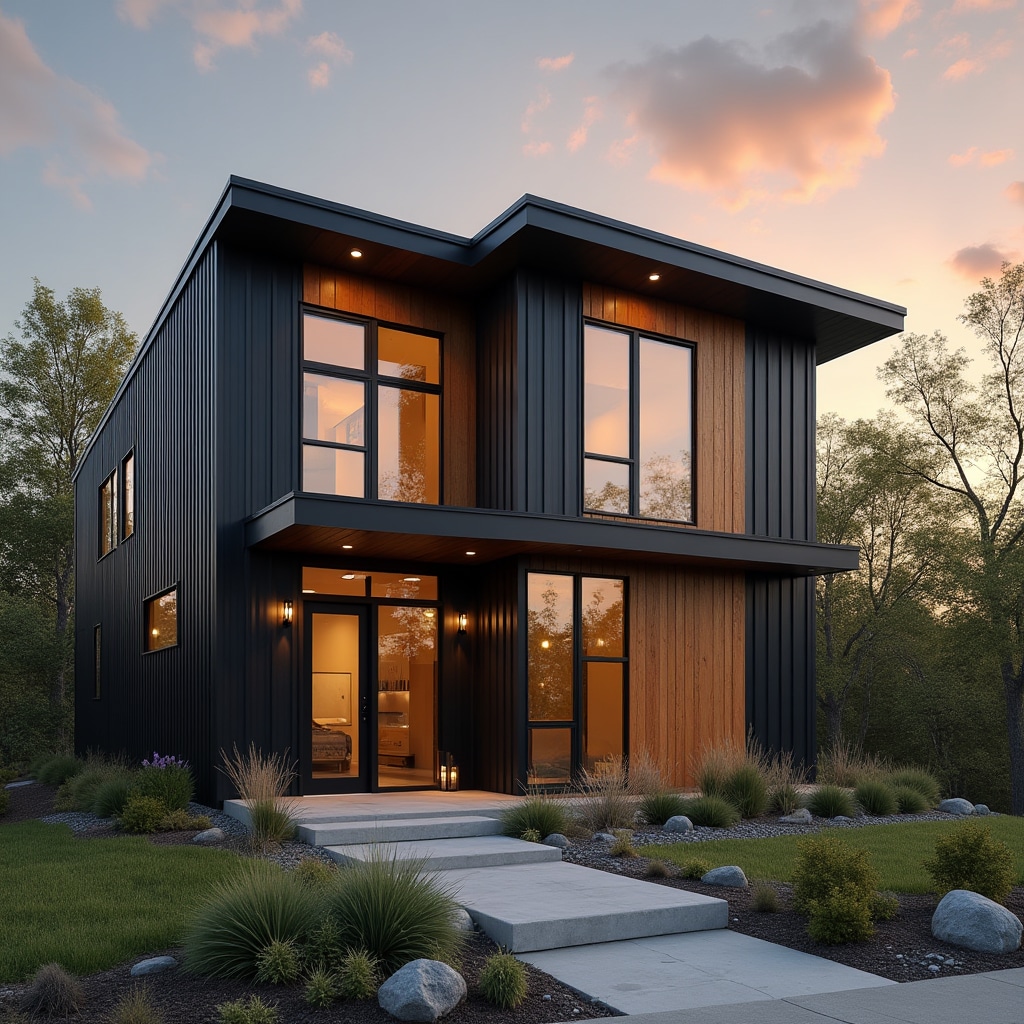 Completed modern modular home exterior showcasing clean architectural lines and quality finishes