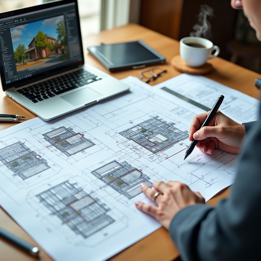 Professional workspace with construction plans, laptop, and modular building design documents spread across desk