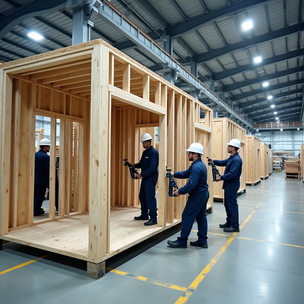 Modern factory facility producing prefabricated building modules with precision manufacturing equipment