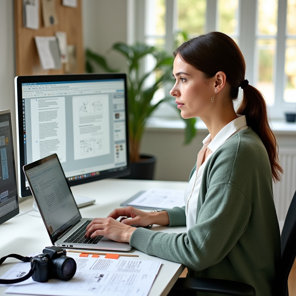 Professional reviewing construction documentation and creating educational materials with laptop and reference books