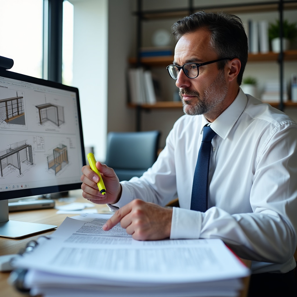 Professional examining detailed technical specifications and construction documents for modular building systems